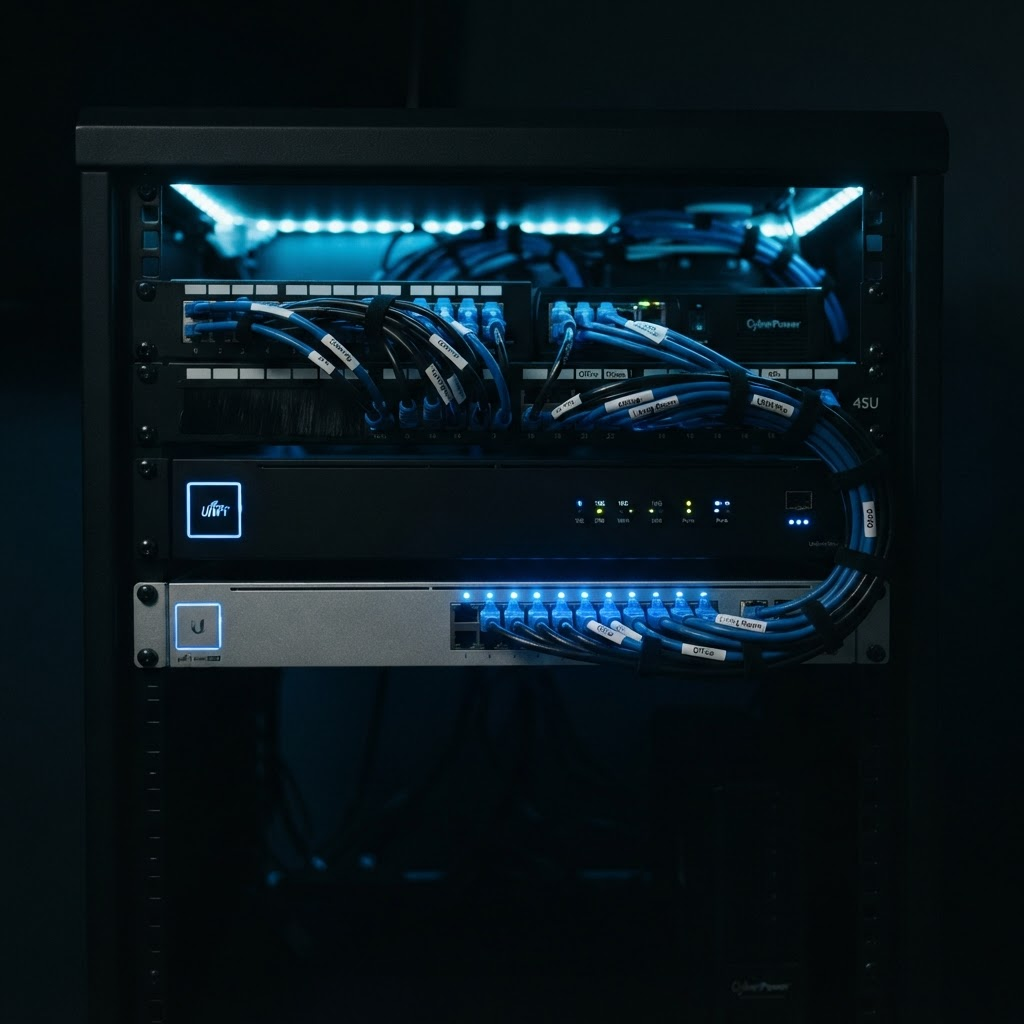A neatly configured home network with router and switch
